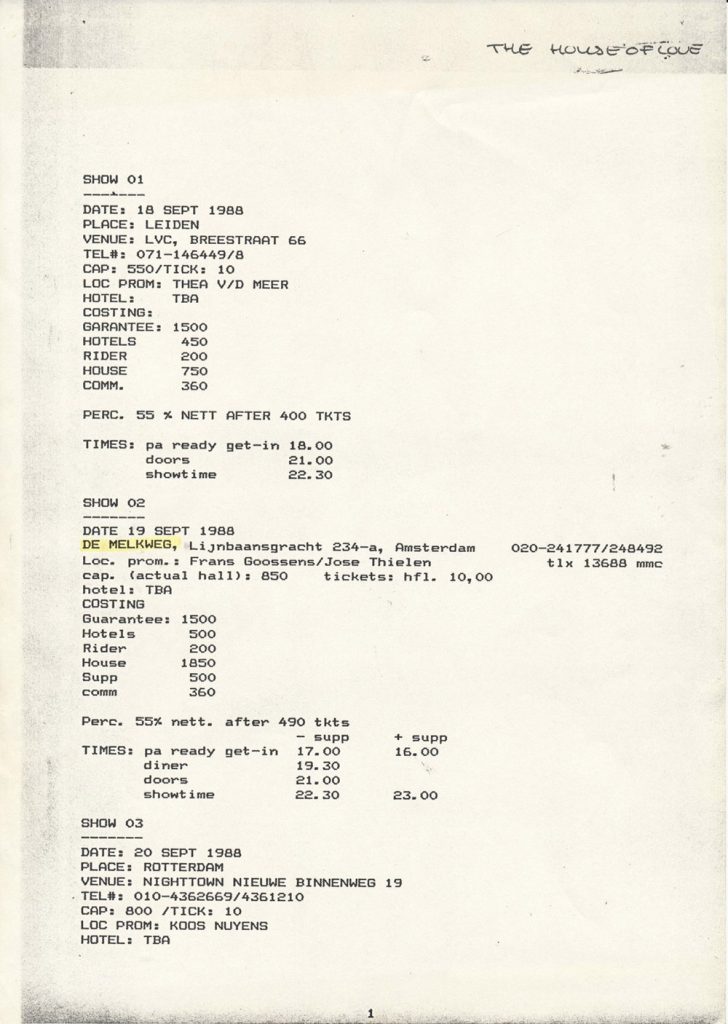 The House Of Love September 1988 Holland dates venue spec