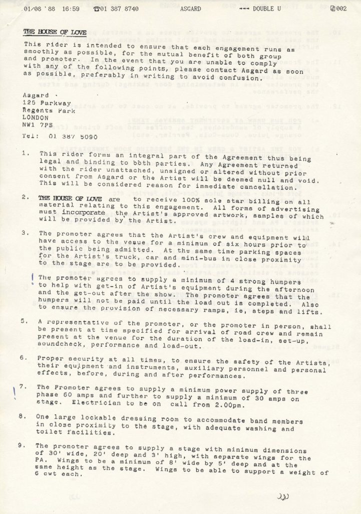 The House Of Love September 1988 Holland dates rider/contract