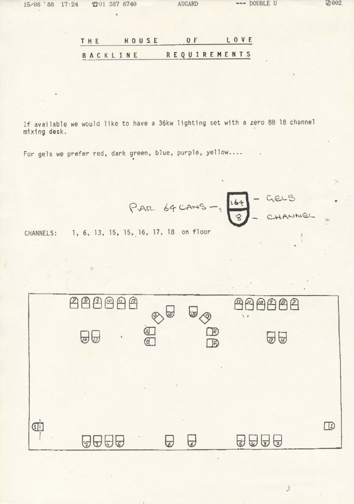 The House Of Love September 1988 Holland dates backline requirements spec